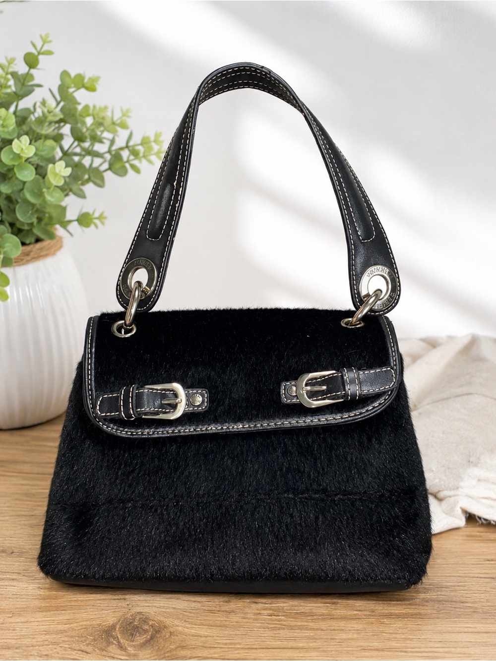 Tommy Hilfiger Black Faux Fur Top-Handle Mini Bag with Buckle Trim